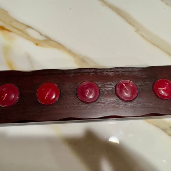New Vintage Big Sky Natural Wood 5 Tea Light Holder w/5 New Burgundy Tea Candles - Picture 2 of 6